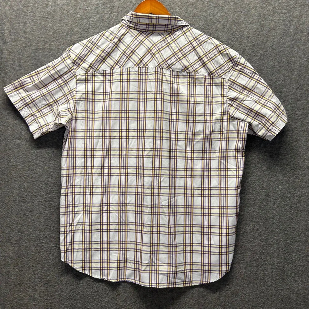Columbia Mens Omni-Shade‎ Plaid Short Sleeve Button Down Shirt Purple Yellow XL